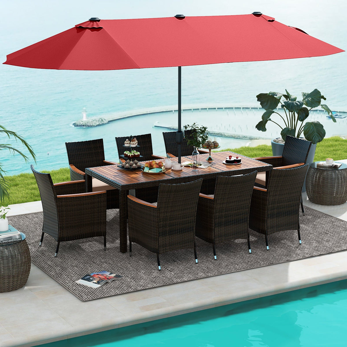 10 Piece Outdoor Dining Set with 15 Feet Double-Sided Twin Patio Umbrella