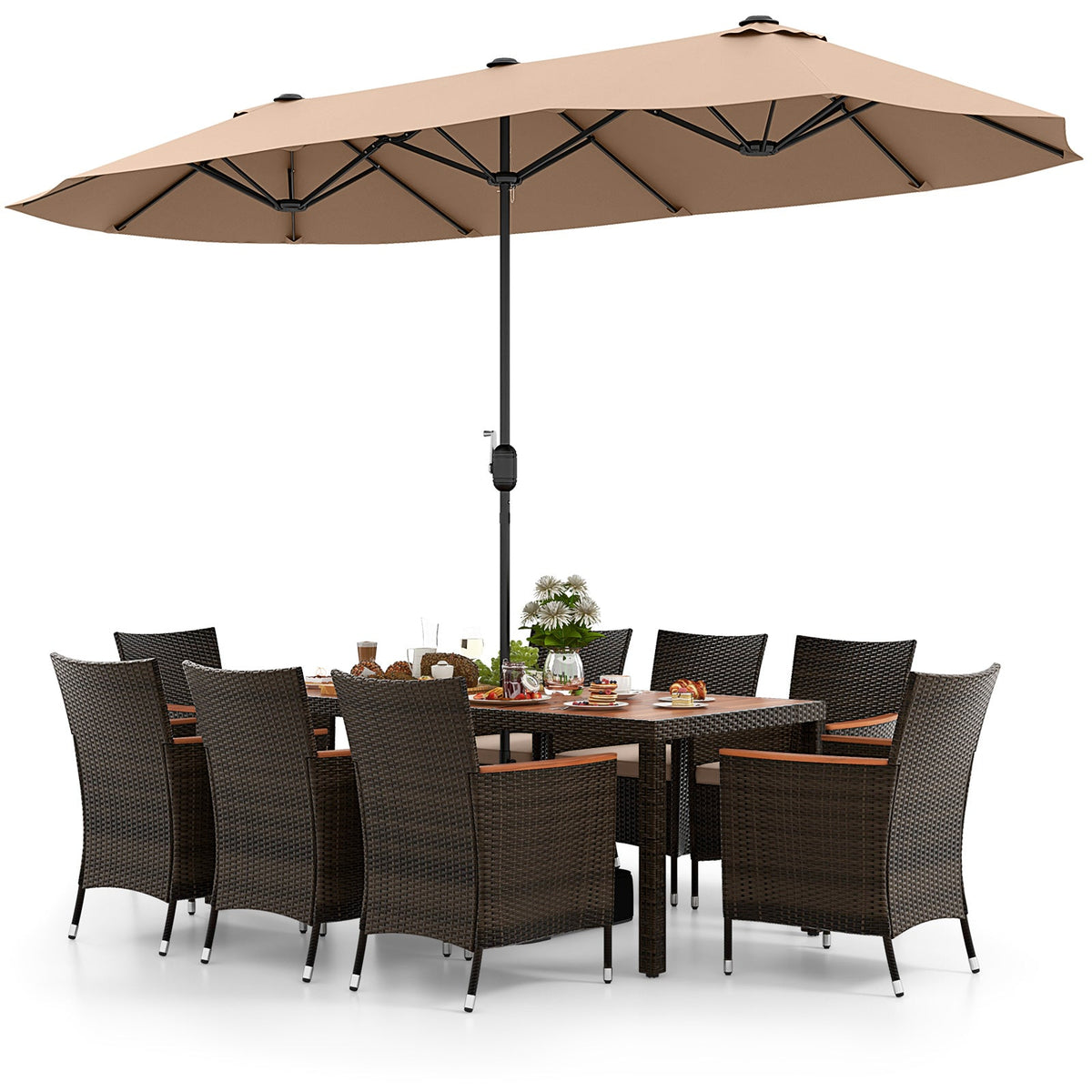 10 Piece Outdoor Dining Set with 15 Feet Double-Sided Twin Patio Umbrella