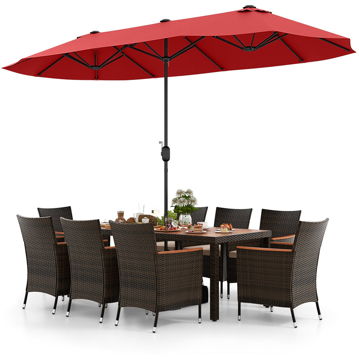 10 Piece Outdoor Dining Set with 15 Feet Double-Sided Twin Patio Umbrella