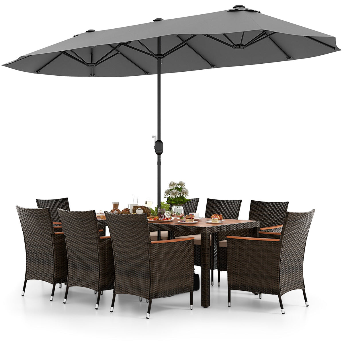 10 Piece Outdoor Dining Set with 15 Feet Double-Sided Twin Patio Umbrella