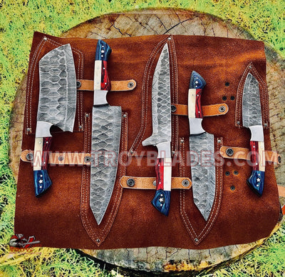 Texas Flag Handles Custom Handmade Damascus Outdoor Kitchen/BBq knives set