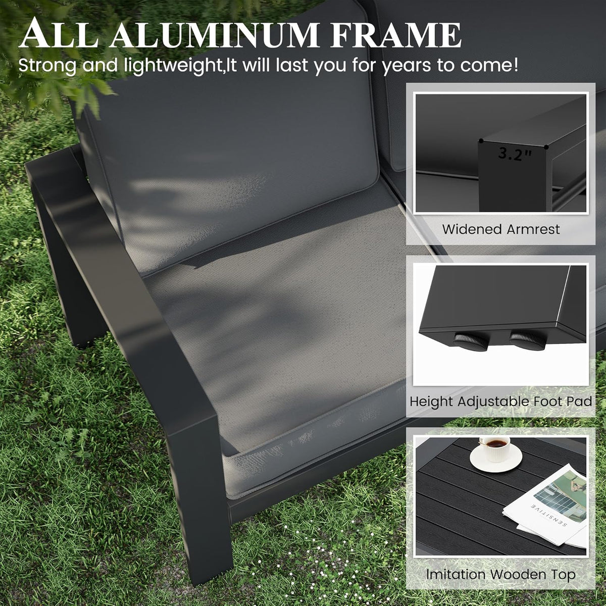Aluminum Patio Furniture Set, 7 Piece Metal Outdoor Set, Patio Furniture Set with Waterproof Covers for Backyard Garden(Grey)
