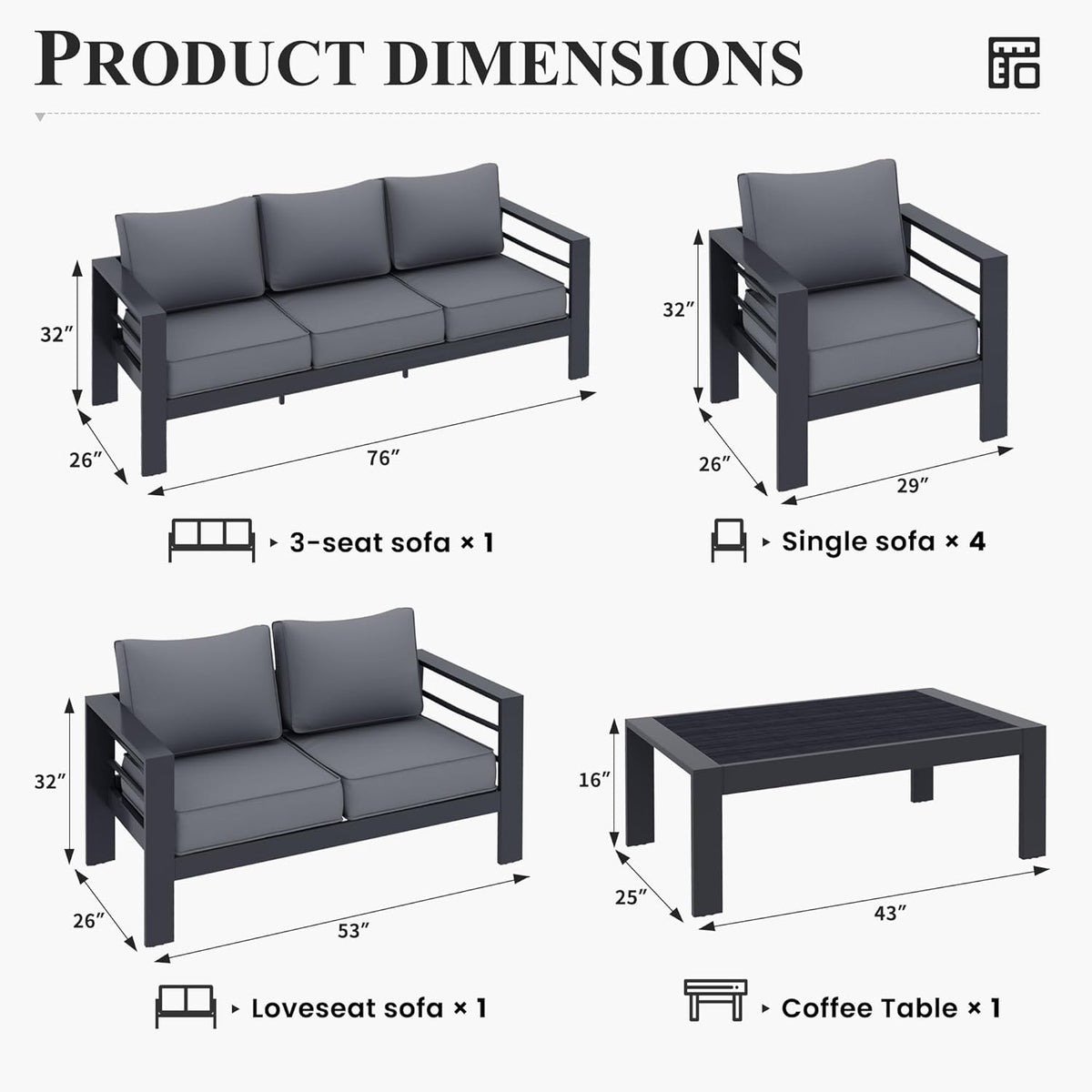 Aluminum Patio Furniture Set, 7 Piece Metal Outdoor Set, Patio Furniture Set with Waterproof Covers for Backyard Garden(Grey)