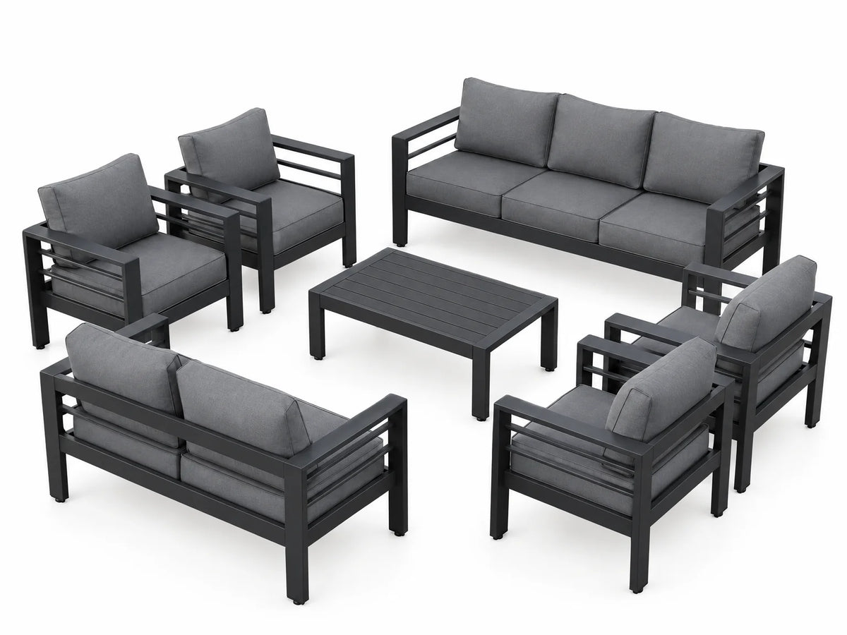 Aluminum Patio Furniture Set Designed for All Weather, 7 Piece Metal Outdoor, Waterproof Covers, 5 Inch Cushions — Studio Shot