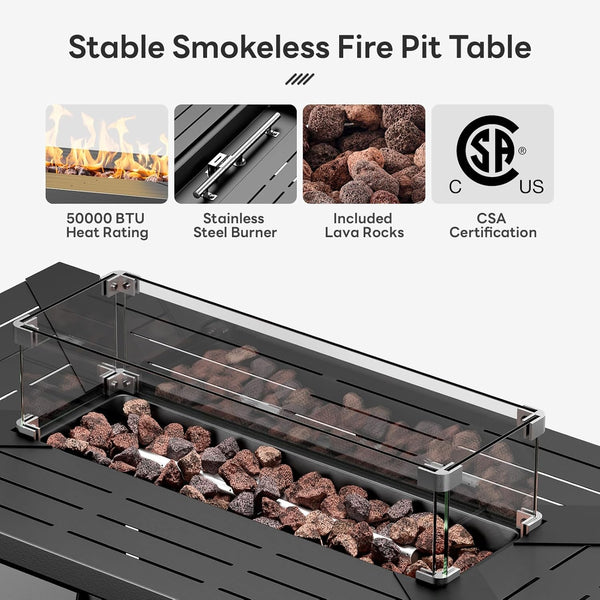 Propane Fire Pit Table Built to Heat 675 Sq Ft, 50,000 BTU Output, Glass Wind Guard, Removable Cover