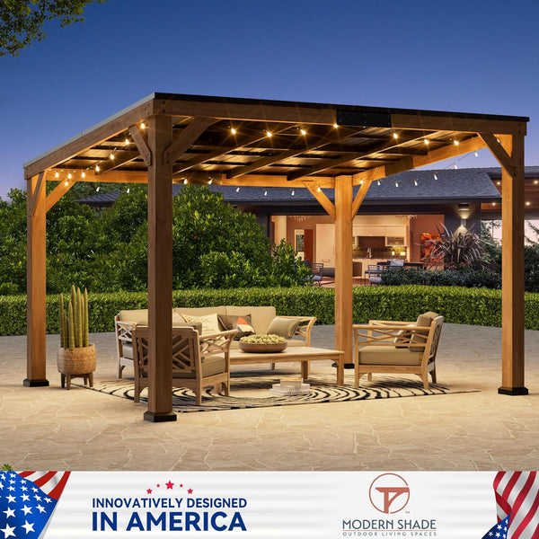 Outdoor Gazebo Built for Year-Round Use, FSC Cedar Frame, Sloped Steel Roof, 83 MPH Wind Rating