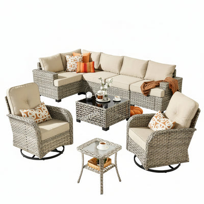 Patio Furniture Set Built for Outdoor Living, 9 Pieces, Swivel Chairs, All-Weather Wicker, Steel Frame