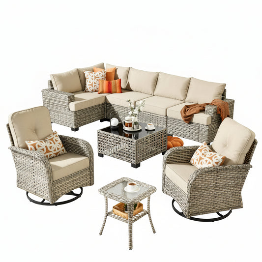 Patio Furniture Set Built for Outdoor Living, 9 Pieces, Swivel Chairs, All-Weather Wicker, Steel Frame