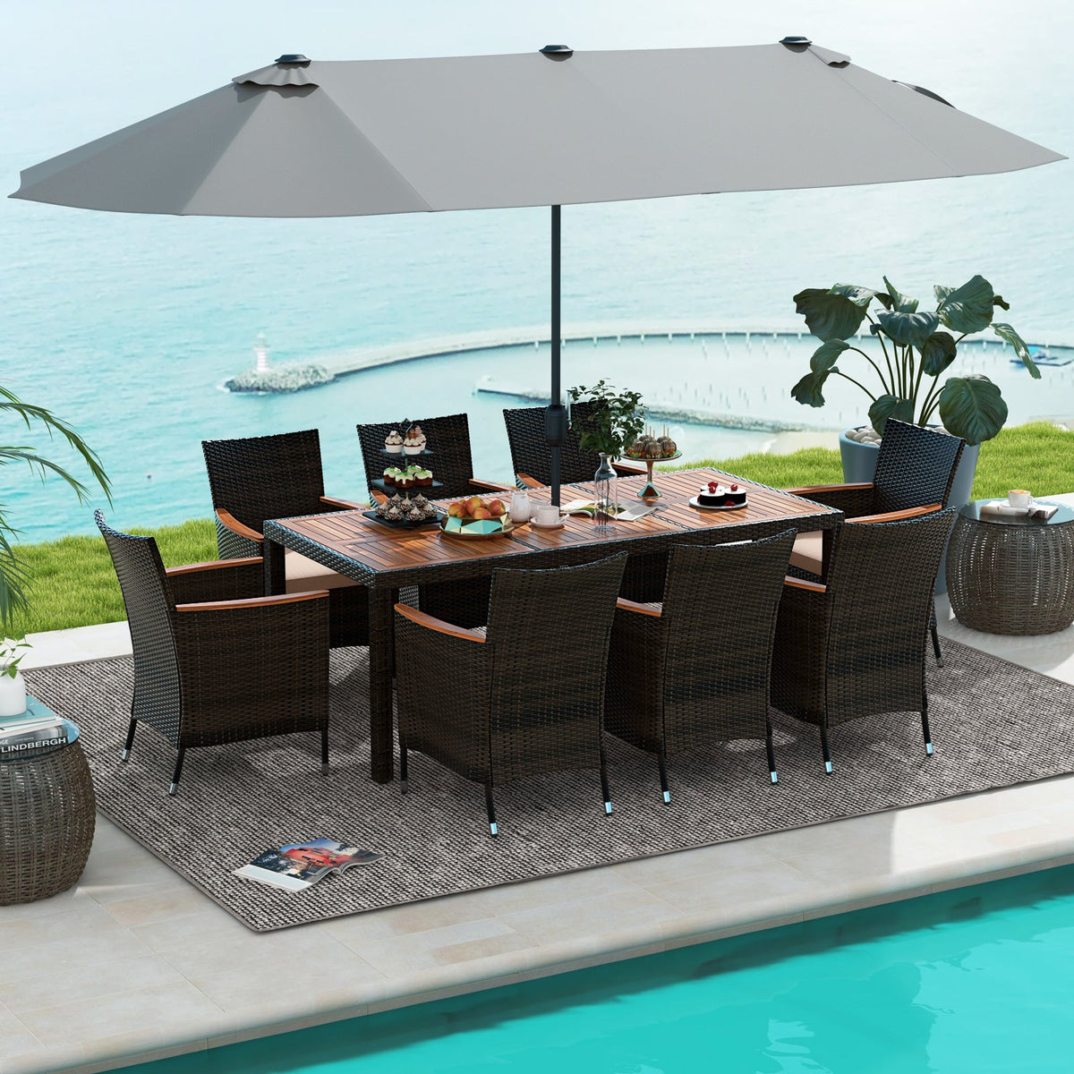 10 Piece Outdoor Dining Set with 15 Feet Double-Sided Twin Patio Umbrella