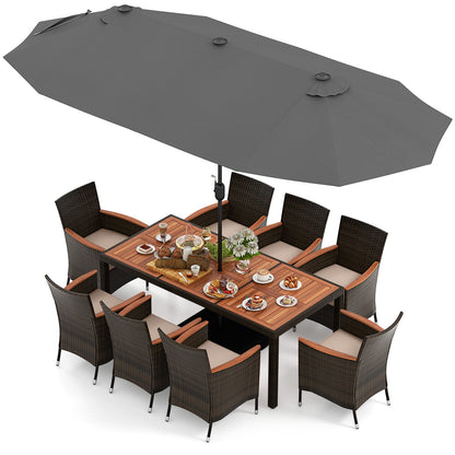 10 Piece Outdoor Dining Set with 15 Feet Double-Sided Twin Patio Umbrella