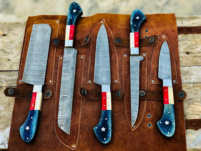 Texas Flag Handles Custom Handmade DamascusOutdoor Kitchen/BBq knives set