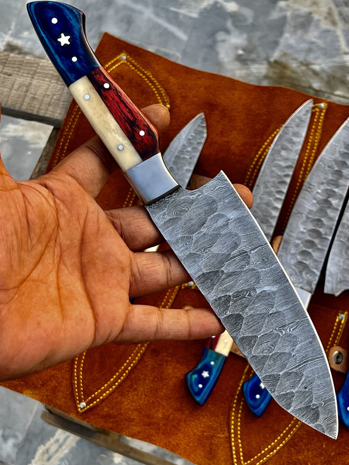 Texas Flag Handles Custom Handmade Damascus Outdoor Kitchen/BBq knives set