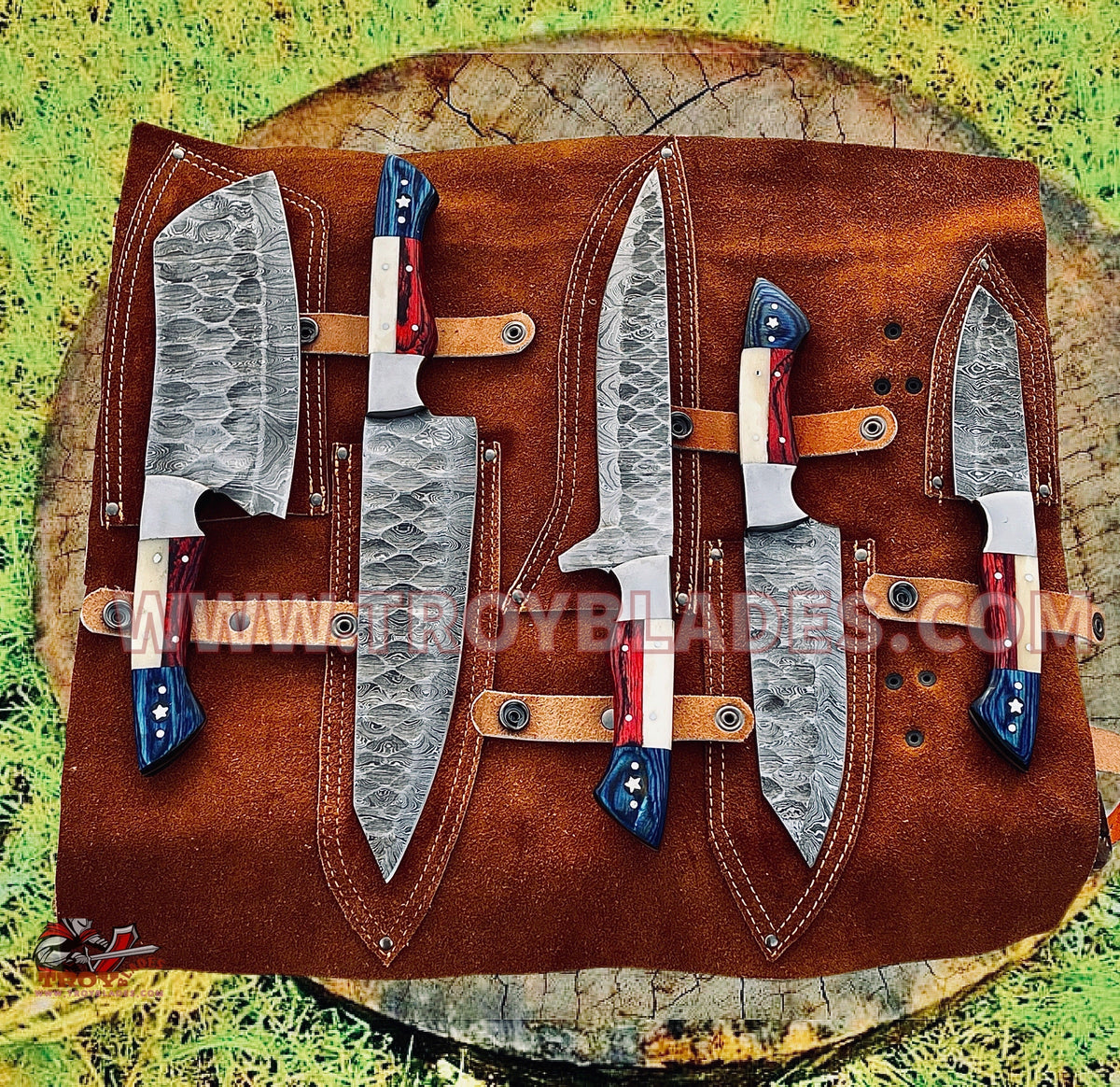 Texas Flag Handles Custom Handmade Damascus Outdoor Kitchen/BBq knives set