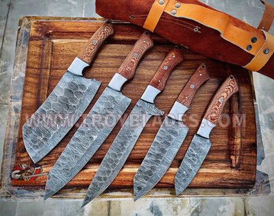 beautiful Custom Handmade Damascus Outdoor Kitchen/BBq knives set Pro5
