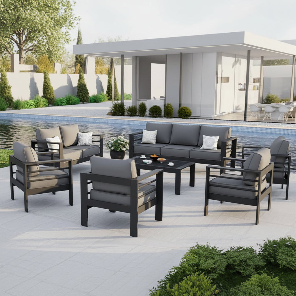 Aluminum Patio Furniture Set Designed for All Weather, 7 Piece Metal Outdoor, Waterproof Covers, 5 Inch Cushions