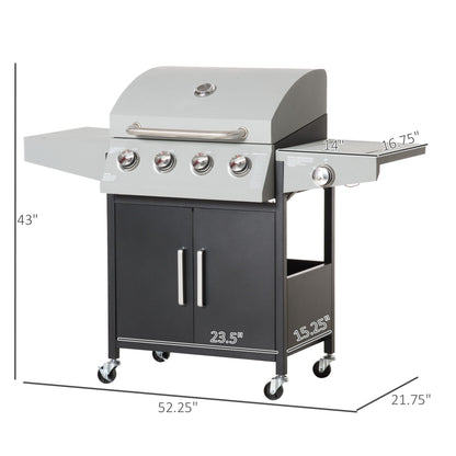 52" Barbecue Grill with Wheels, 4+1 Burner Liquid Propane Gas Grill, Outdoor Cabinet Style Silver