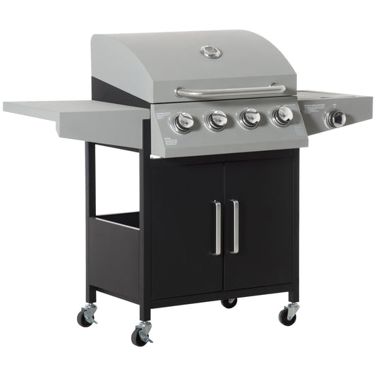 52" Barbecue Grill with Wheels, 4+1 Burner Liquid Propane Gas Grill, Outdoor Cabinet Style Silver