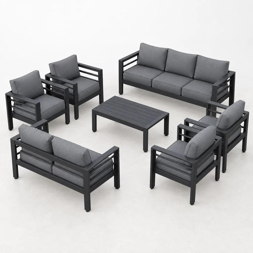 Aluminum Patio Furniture Set, 7 Piece Metal Outdoor Set, Patio Furniture Set with Waterproof Covers for Backyard Garden（Grey） — Studio Shot