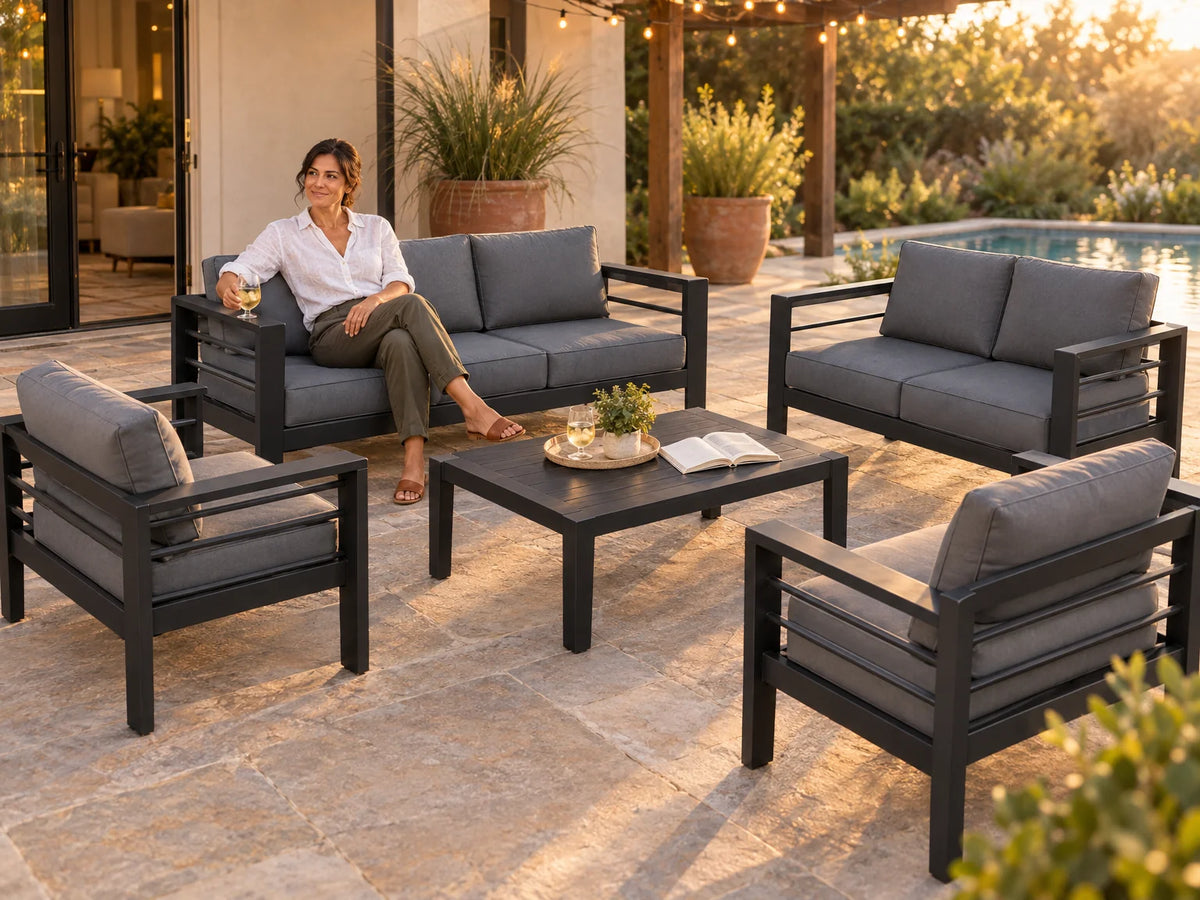 Aluminum Patio Furniture Set, 7 Piece Metal Outdoor Set, Patio Furniture Set with Waterproof Covers for Backyard Garden（Grey） — Lifestyle
