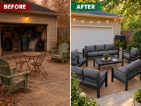 Aluminum Patio Furniture Set Designed for All Weather, 7 Piece Metal Outdoor, Waterproof Covers, 5 Inch Cushions — Before & After
