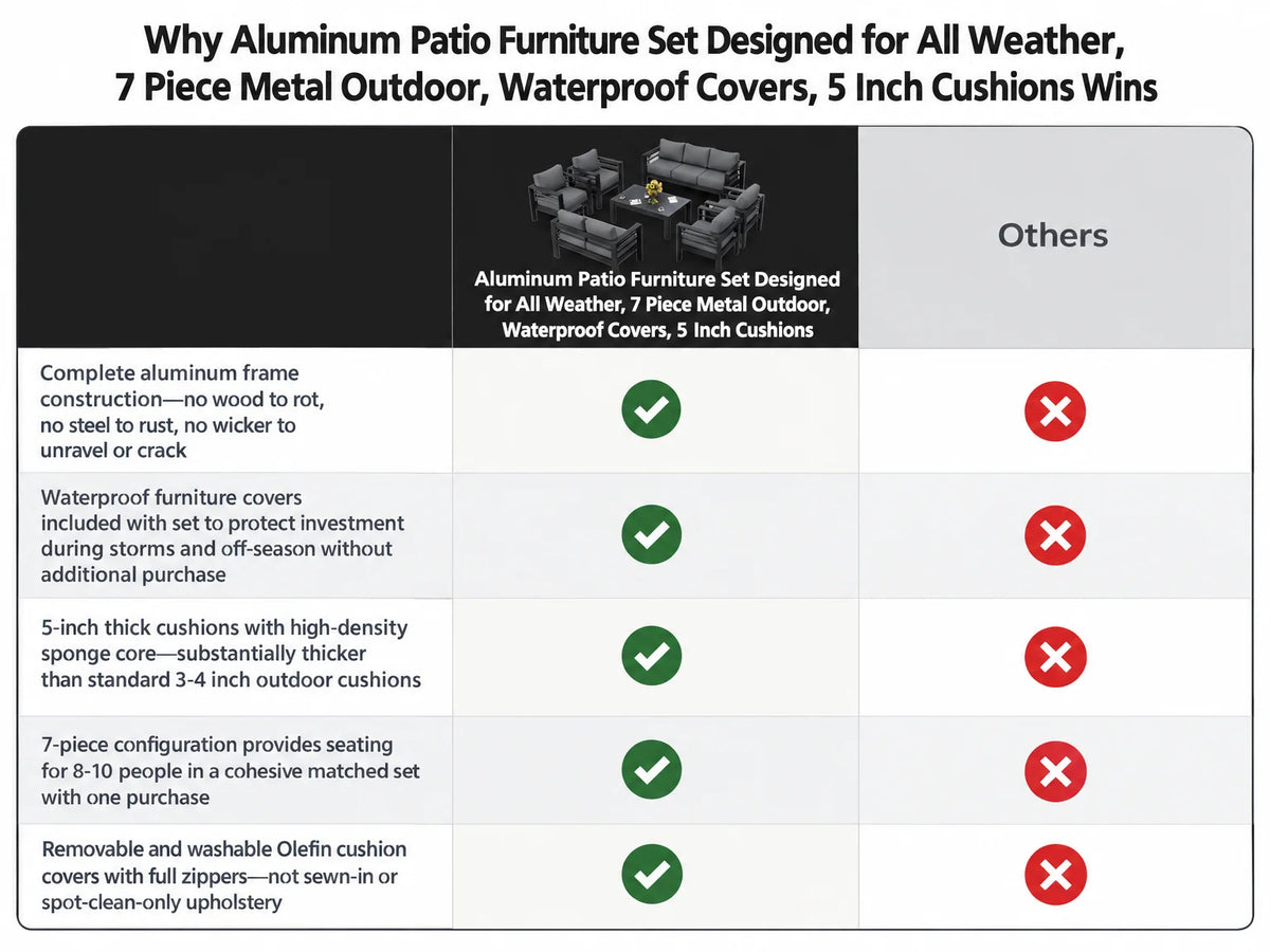 Aluminum Patio Furniture Set Designed for All Weather, 7 Piece Metal Outdoor, Waterproof Covers, 5 Inch Cushions — Comparison