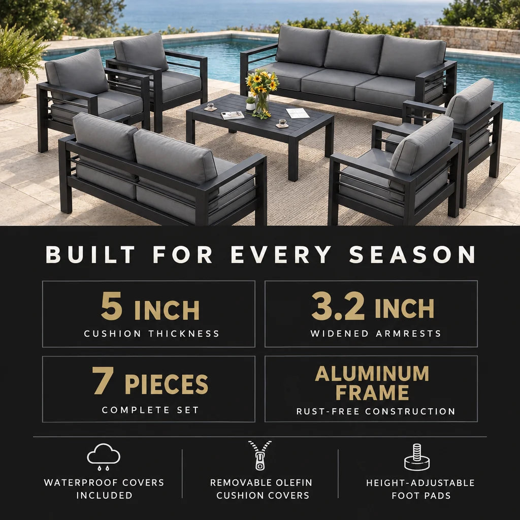 Aluminum Patio Furniture Set Designed for All Weather, 7 Piece Metal Outdoor, Waterproof Covers, 5 Inch Cushions — Results & Stats