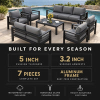 Aluminum Patio Furniture Set Designed for All Weather, 7 Piece Metal Outdoor, Waterproof Covers, 5 Inch Cushions — Results & Stats
