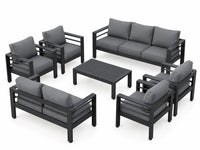 Aluminum Patio Furniture Set Designed for All Weather, 7 Piece Metal Outdoor, Waterproof Covers, 5 Inch Cushions — Studio Shot