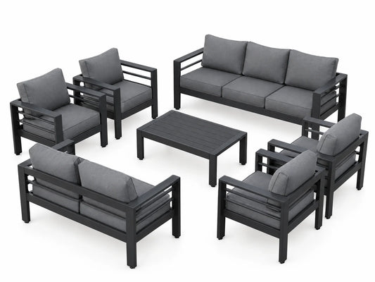 Aluminum Patio Furniture Set Designed for All Weather, 7 Piece Metal Outdoor, Waterproof Covers, 5 Inch Cushions — Studio Shot