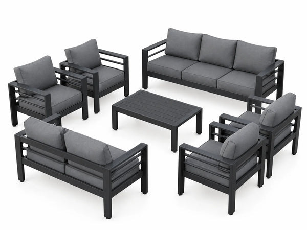 Aluminum Patio Furniture Set Designed for All Weather, 7 Piece Metal Outdoor, Waterproof Covers, 5 Inch Cushions — Studio Shot
