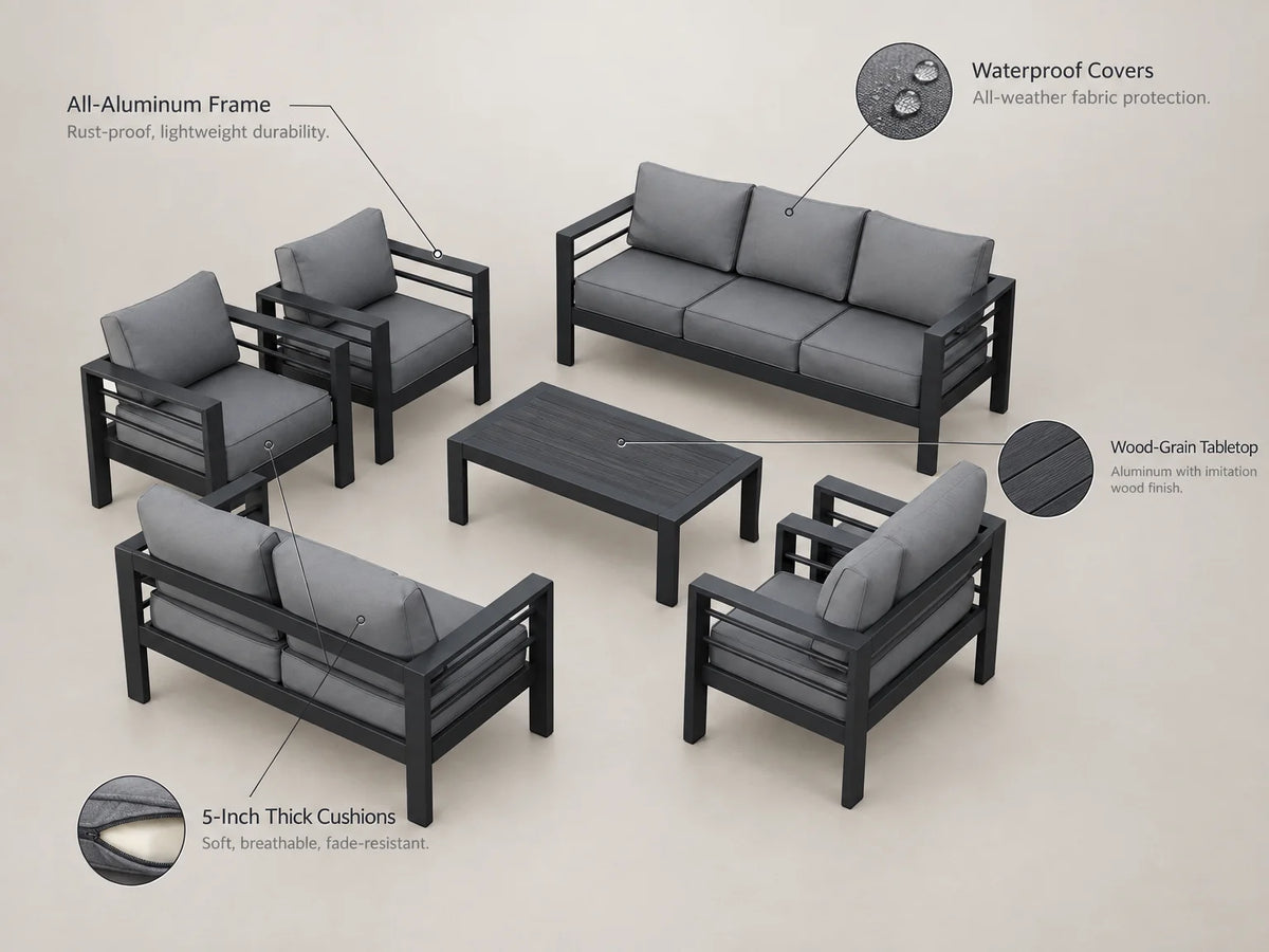 Aluminum Patio Furniture Set Designed for All Weather, 7 Piece Metal Outdoor, Waterproof Covers, 5 Inch Cushions — Feature Infographic