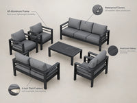 Aluminum Patio Furniture Set Designed for All Weather, 7 Piece Metal Outdoor, Waterproof Covers, 5 Inch Cushions — Feature Infographic