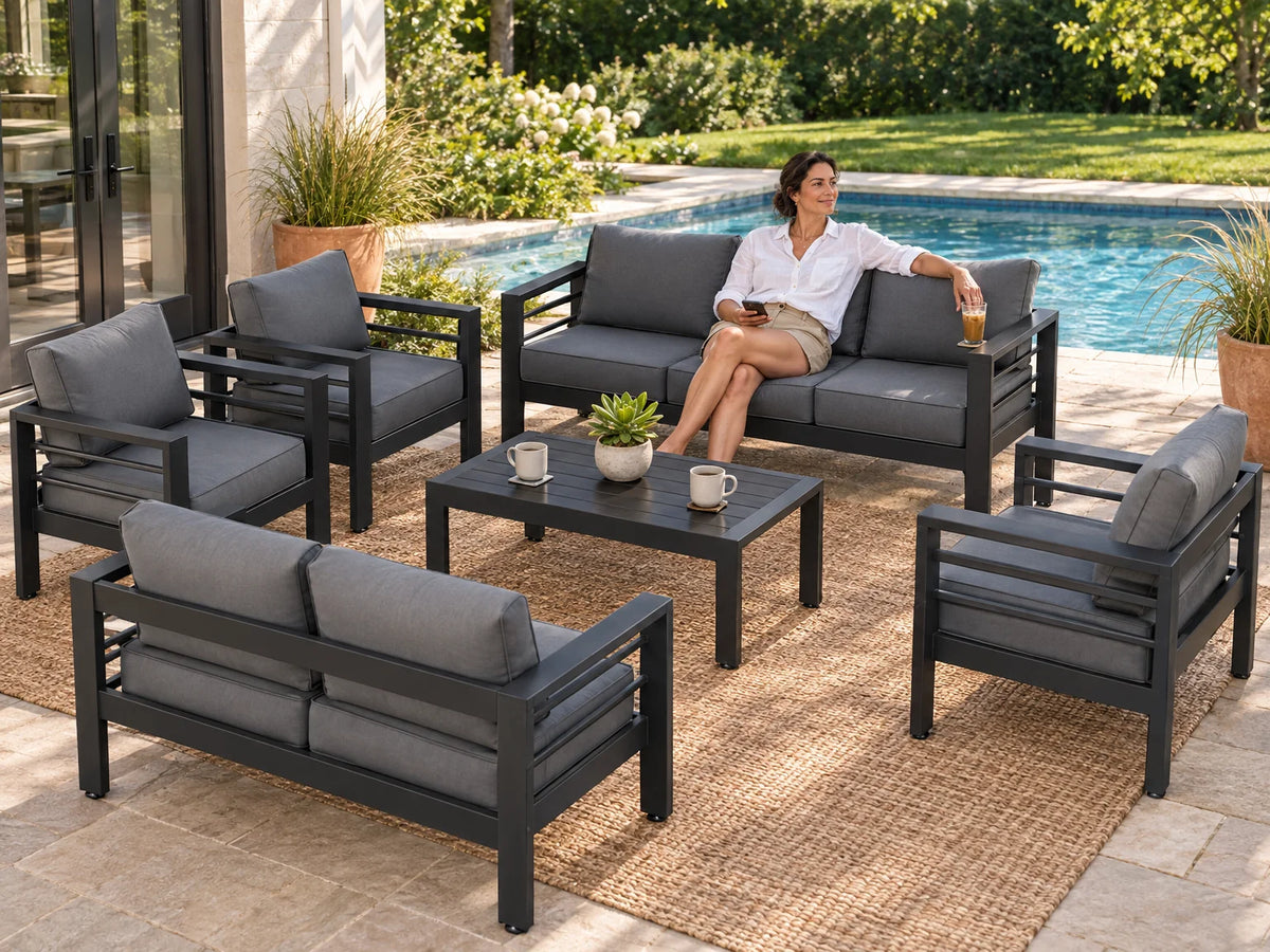 Aluminum Patio Furniture Set Designed for All Weather, 7 Piece Metal Outdoor, Waterproof Covers, 5 Inch Cushions — Lifestyle