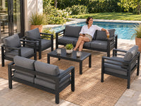 Aluminum Patio Furniture Set Designed for All Weather, 7 Piece Metal Outdoor, Waterproof Covers, 5 Inch Cushions — Lifestyle
