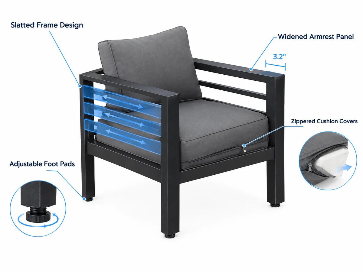 Aluminum Patio Furniture Set Designed for All Weather, 7 Piece Metal Outdoor, Waterproof Covers, 5 Inch Cushions — How It Works